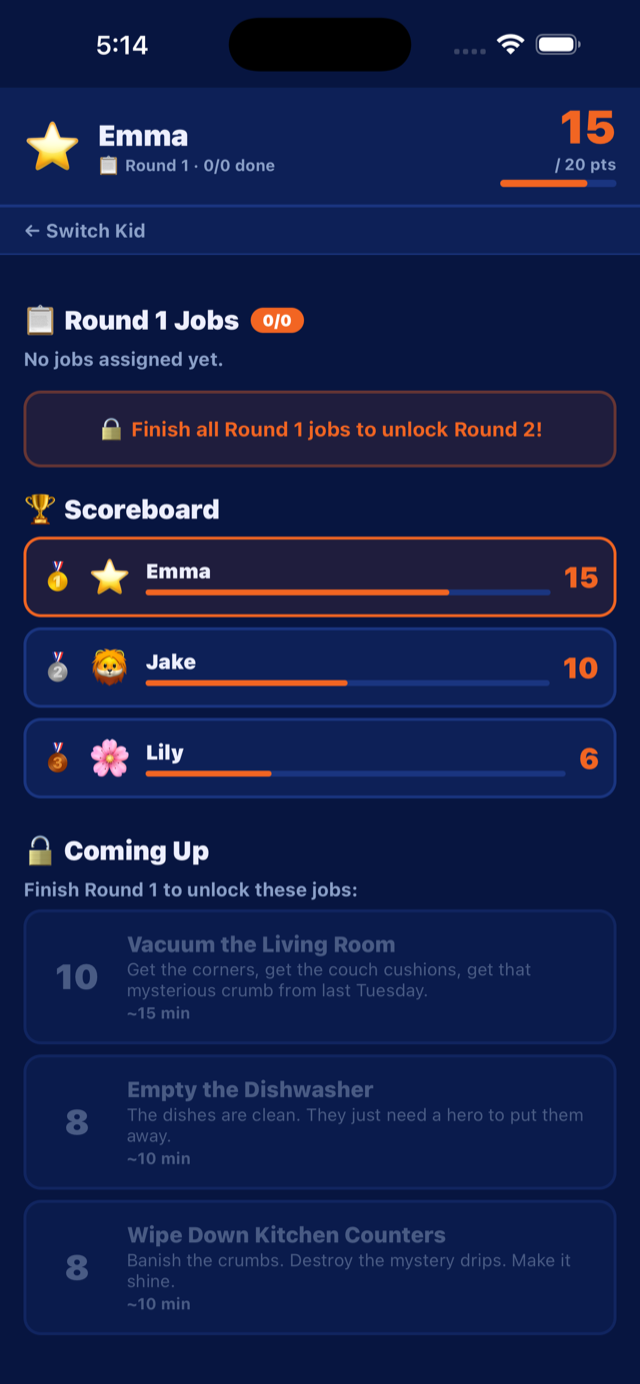 ChoreBoom kid dashboard showing the live scoreboard and locked Round 2 jobs