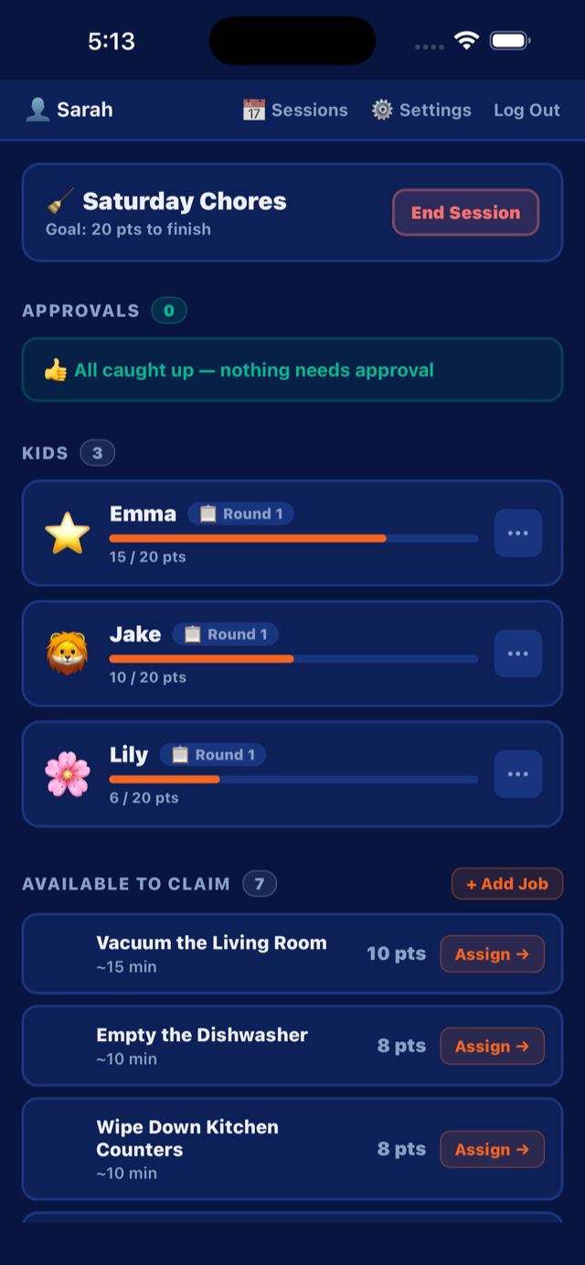ChoreBoom parent dashboard showing the live session, approvals, kid leaderboard, and job pool