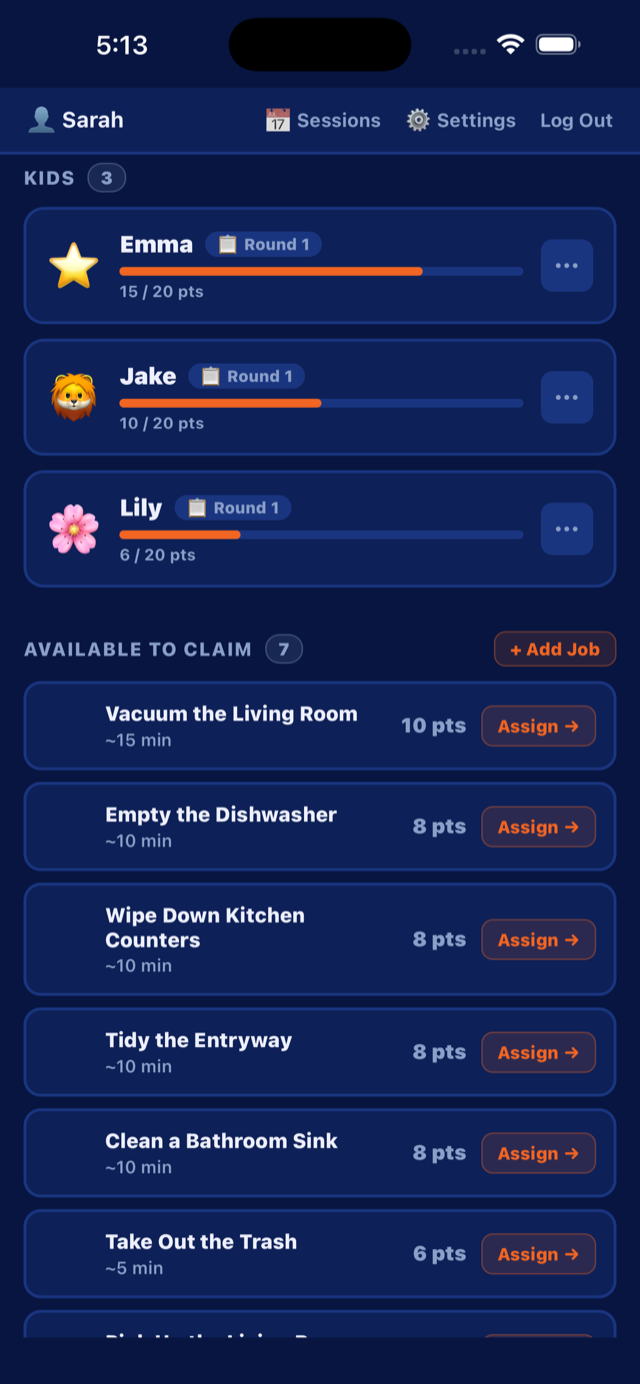 ChoreBoom parent screen showing kids and the available job pool